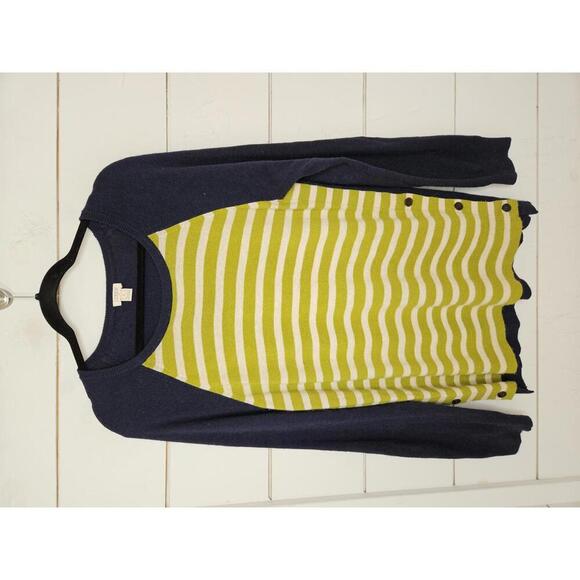 J Crew Large green & cream striped sweater and navy blue sleeves with elbow pads - Picture 1 of 5